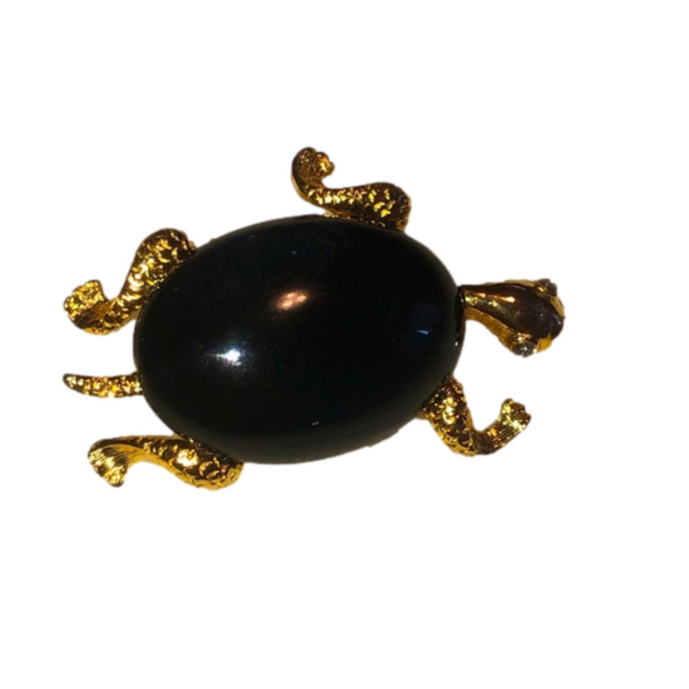 VTG 70s Black Oval Glass Gold Tone Turtle Brooch w Rhinestone Eyes 1.5”